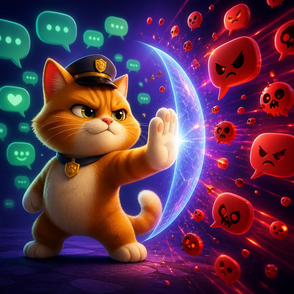 The Supportlio cat blocking angry comments with a shield while friendly messages pass
